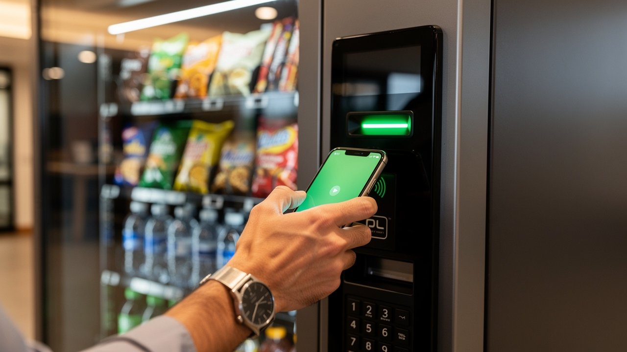 Person using contactless phone payment at vending machine