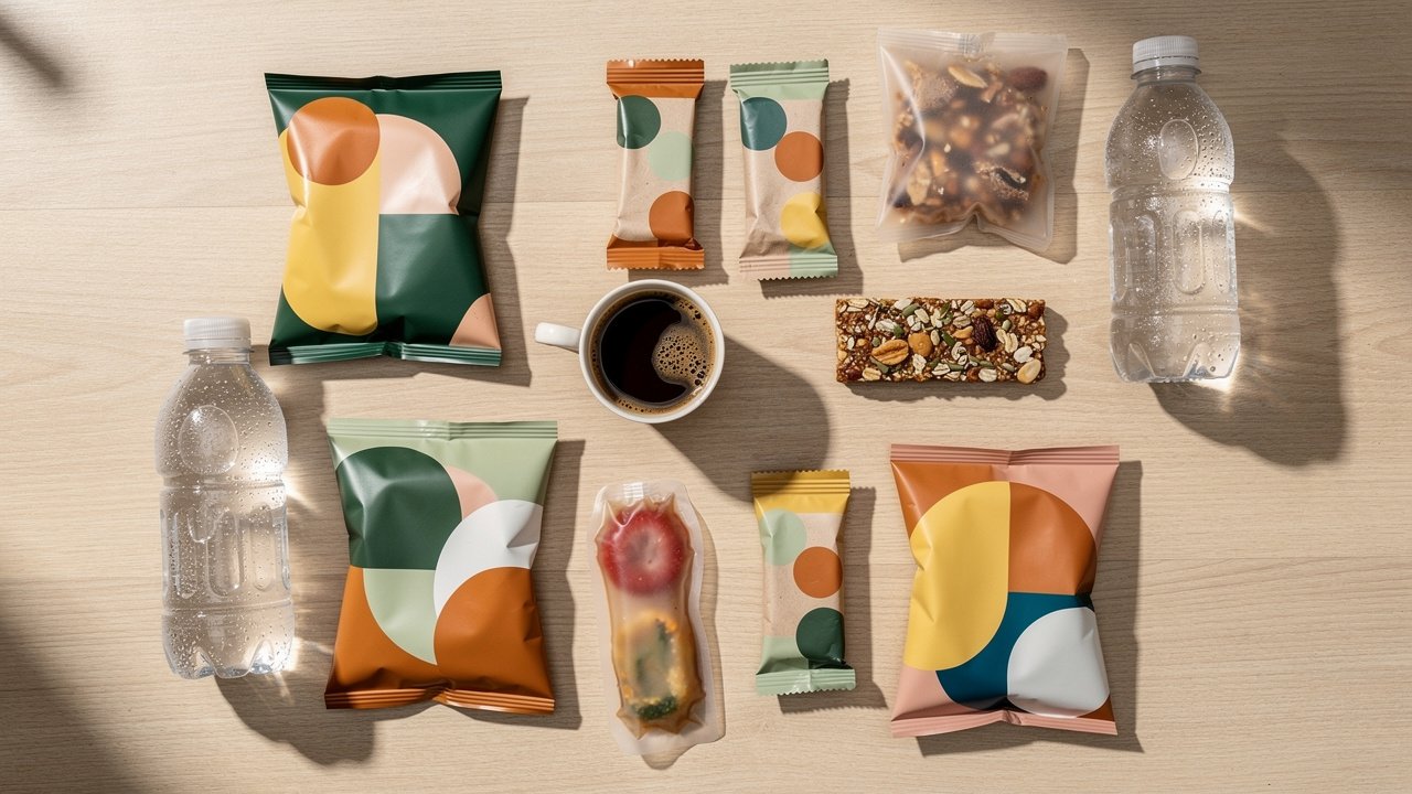 Diverse vending snack and drink product selection spread