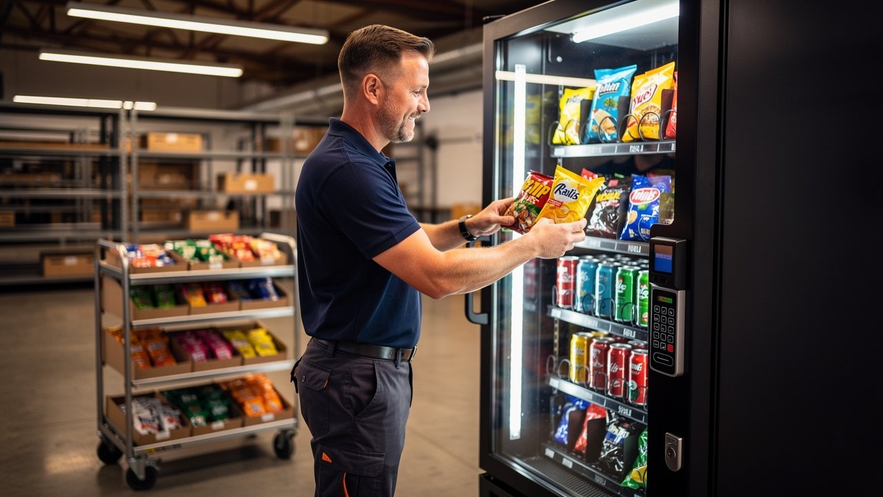 Vending technician restocking machine in warehouse break room