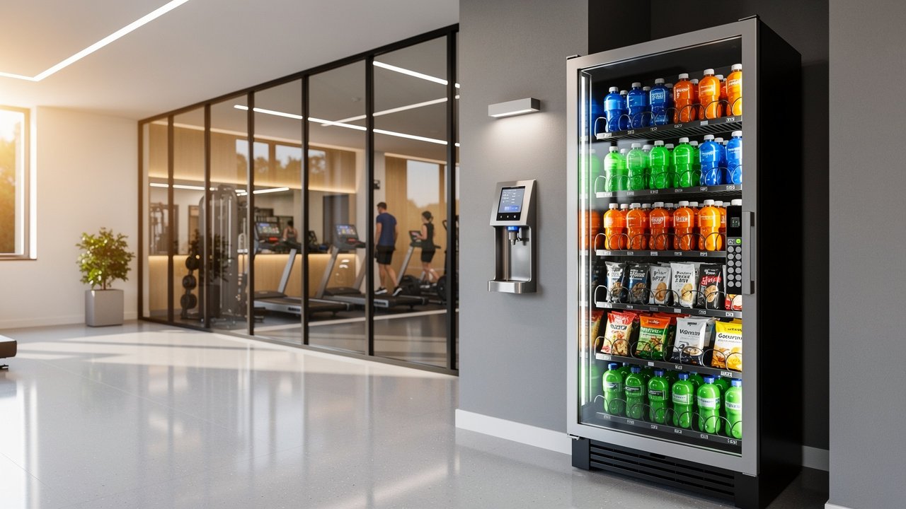 Gym lobby vending machine with sports drinks and protein snacks