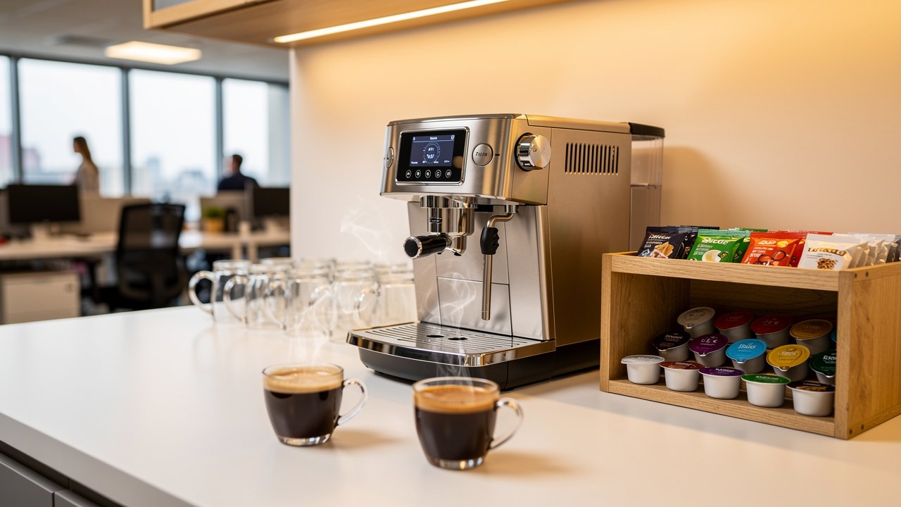 Bean-to-cup office coffee machine with fresh brewed coffee