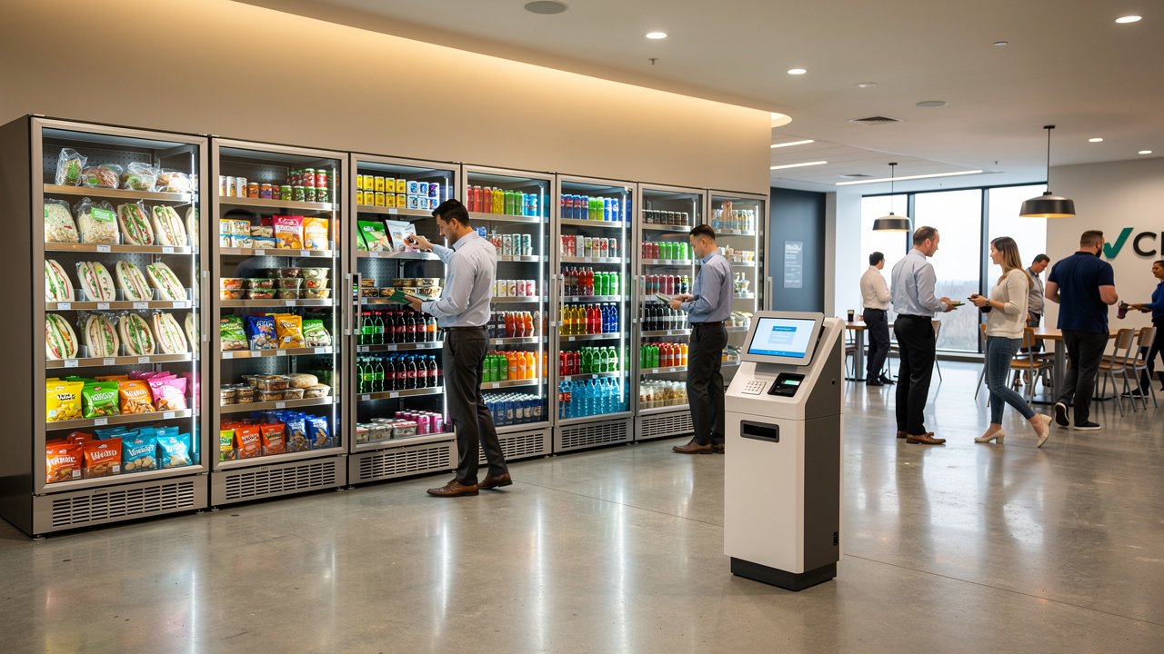 Office micro market with fresh food and self-checkout kiosk