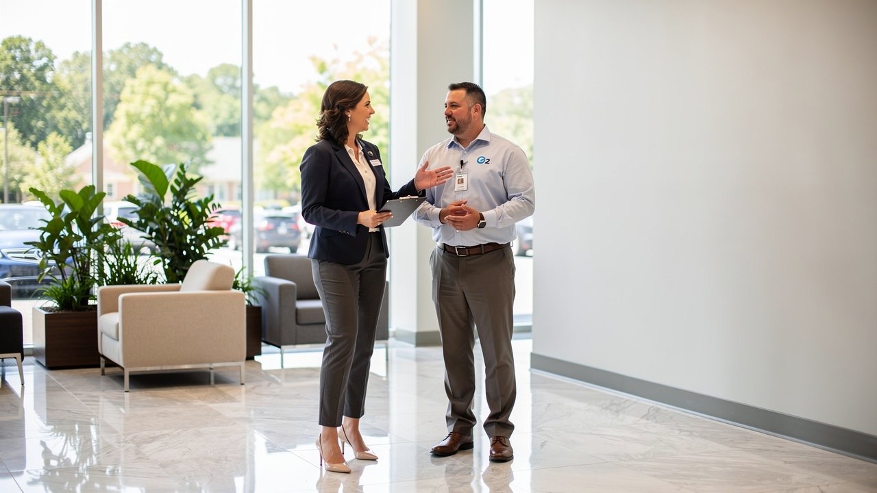 Facility manager consulting with vending service representative