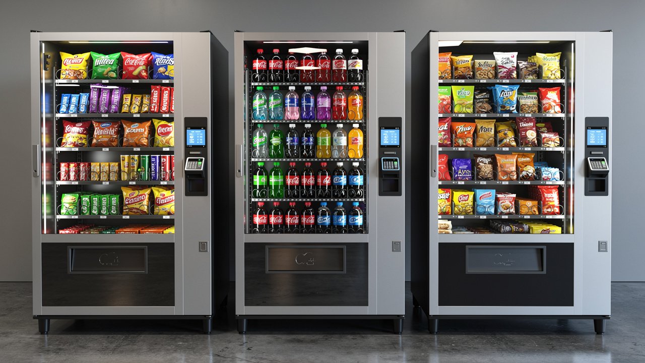 Three types of commercial vending machines side by side
