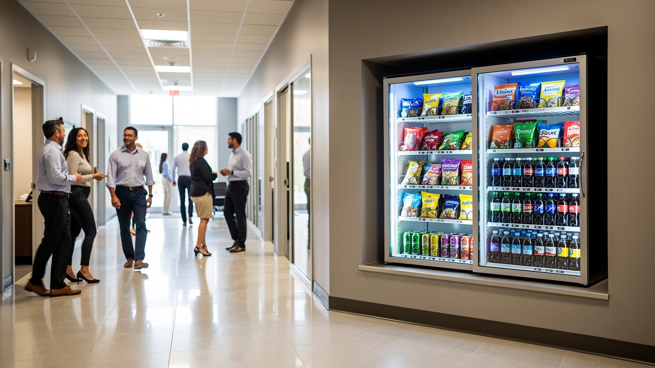 Employees accessing vending machine in Woodstock office hallway