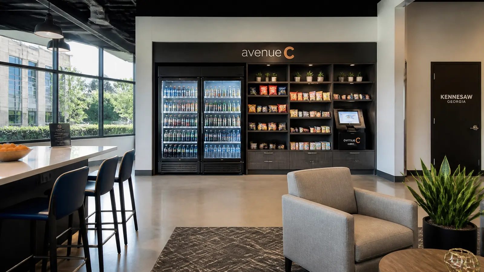 Snack and beverage vending machines in a Kennesaw, GA office break room