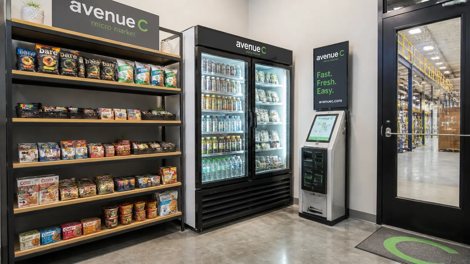 Micro market self-checkout kiosk in a Canton, GA warehouse break area