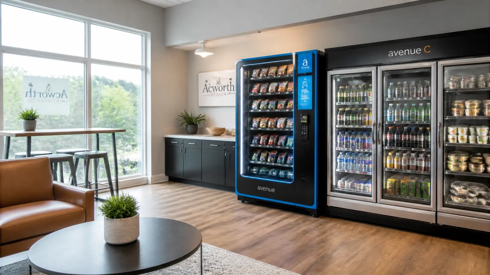 Modern vending machines with cashless payment in an Acworth break room